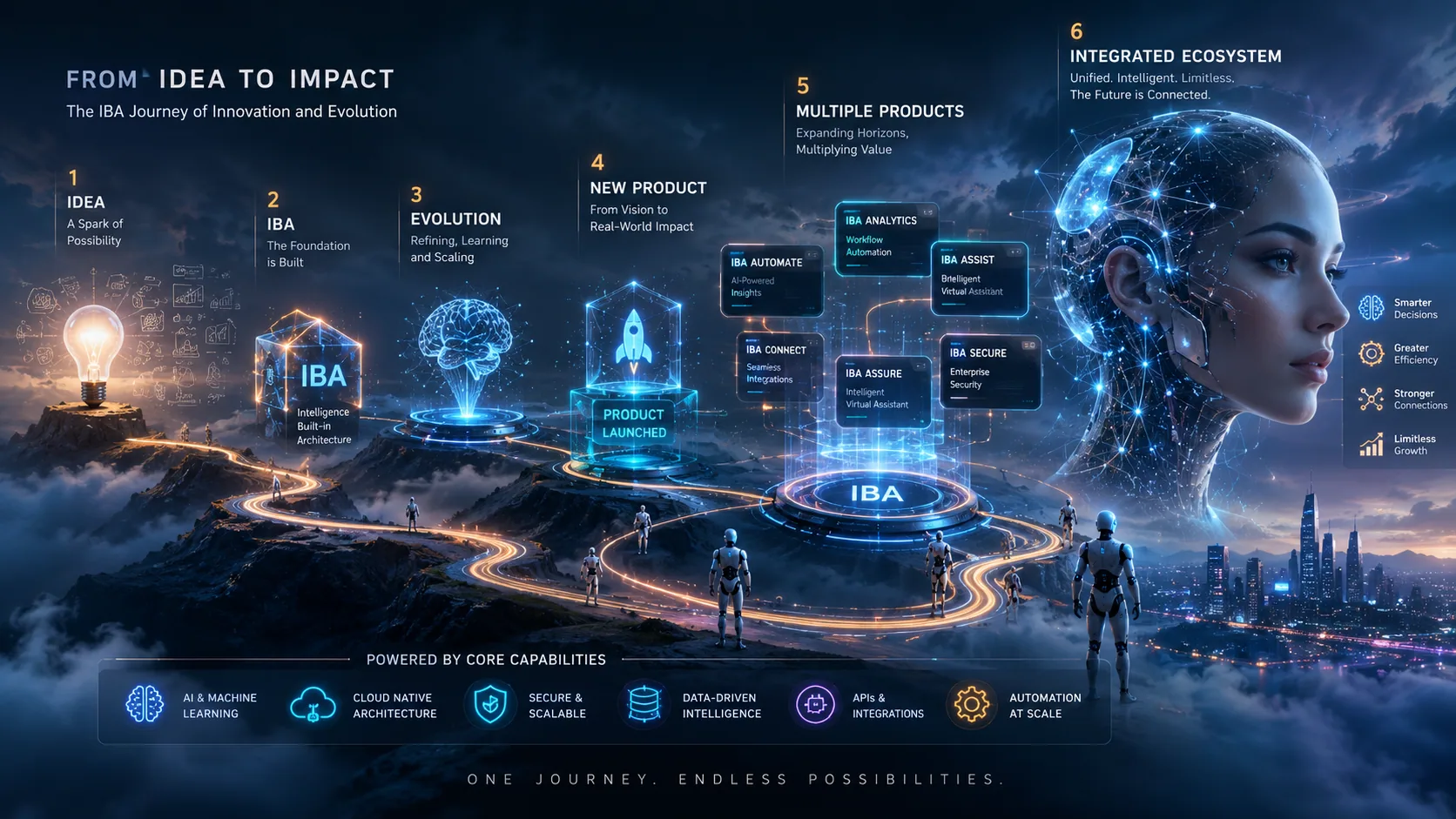 Infographic: idea to impact in six stages — idea, foundation, evolution, new product, multiple products, integrated ecosystem